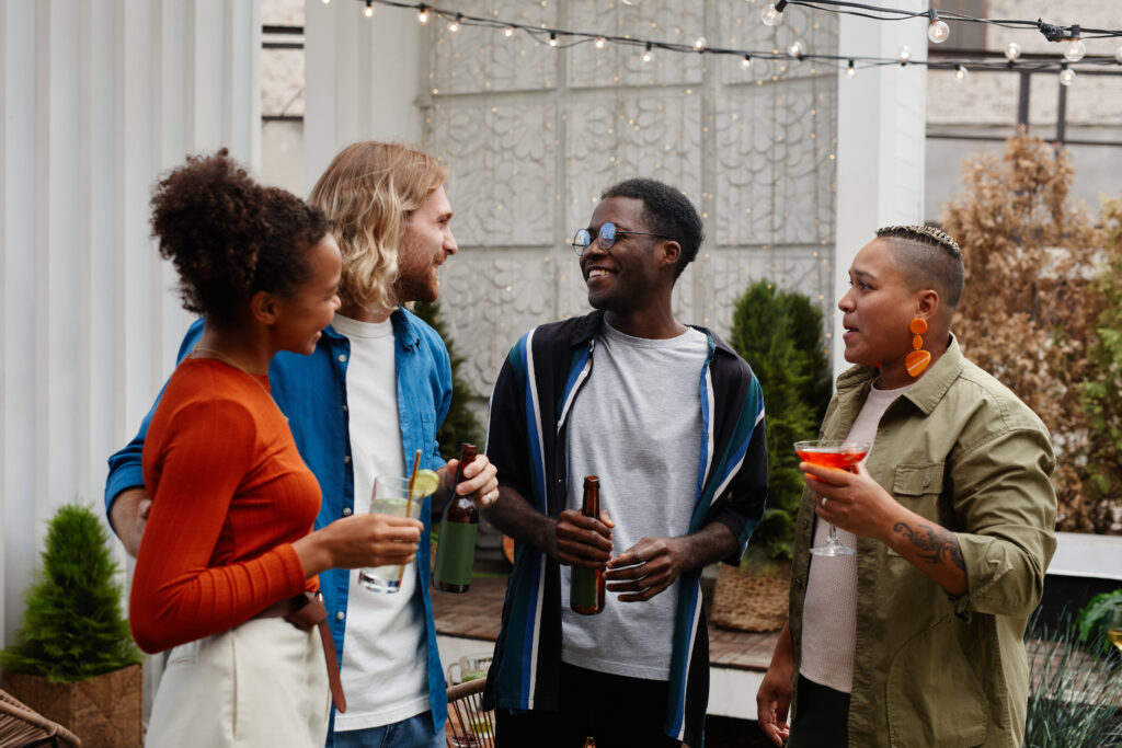 A group of friends talking and laughing