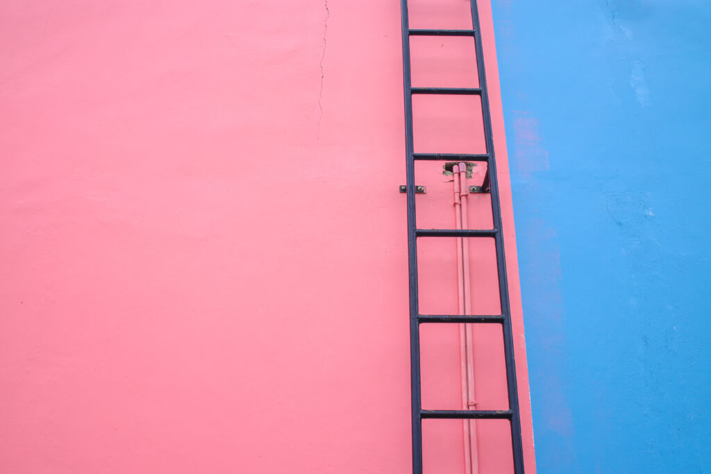 A lad rests against a pink wall, blue sky in the background